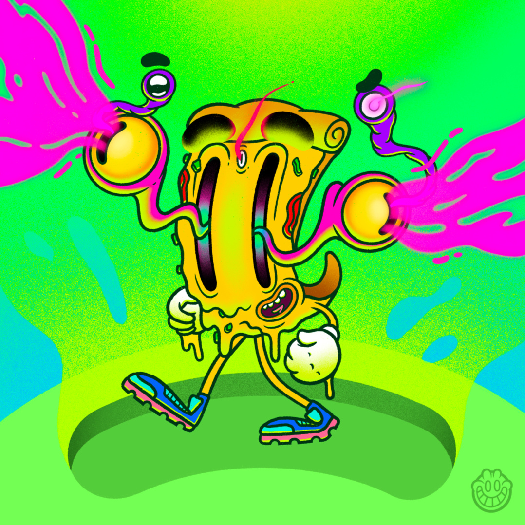 Pizza caminante Personaje colorido y de estilo trippy representando un personaje con forma de pizza que camina
