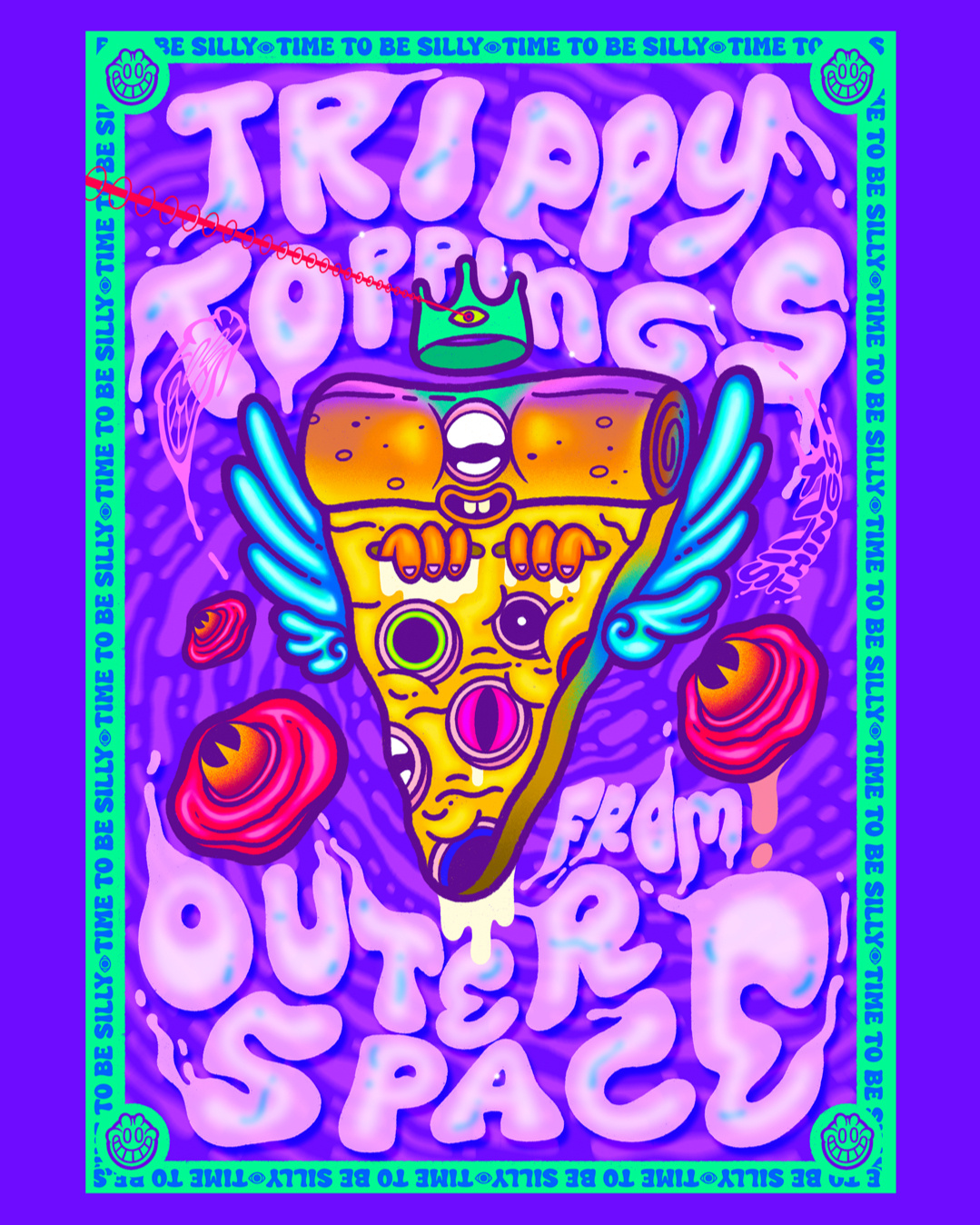 Trippy Toppings from outer space, ilustración de pizza animada estilo psicodélico ilustrada por Silly Things 2026.