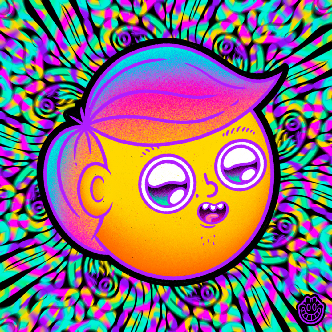 Time to be silly! Ilustración colorida de personaje sonriendo con fondo multicolor